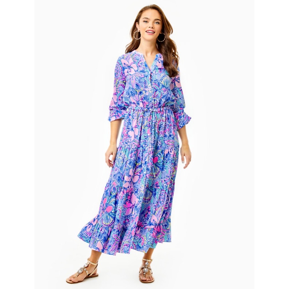 Lilly Pulitzer Cori Floral Midi Dress Womens Size 2 Coastal Preppy Wedding Guest